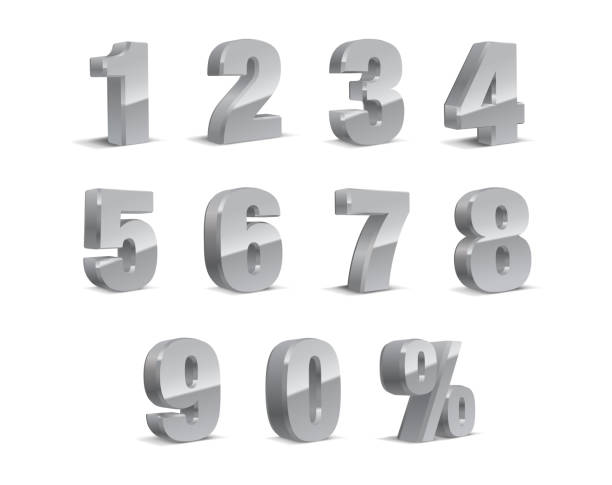 istock 3D silver-grey Metallic Letter. 0, 1, 2, 3, 4, 5, 6, 7, 8, 9 numeral and percent alphabet. Vector Isolated Number. 1186666057