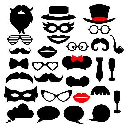 Set of photo booth props for party: mask, mustache, beard, eyeglasses, hat, lips, tobacco pipe, mouse ears, butterfly, tie, wineglass, speech bubble. Vector illustration