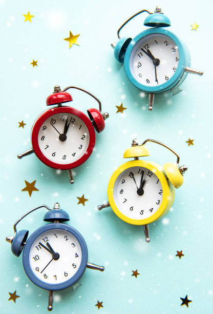 istock Flat lay Christmas composition with color clocks 1186668143