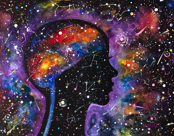 bildbanksillustrationer, clip art samt tecknat material och ikoner med akvarellmålning kosmisk kvinna. galaxy. stjärnor. - energy brain