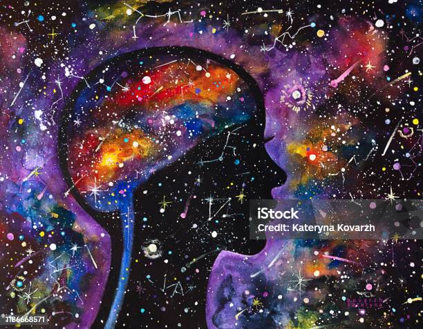 Akvarellmålning Kosmisk Kvinna Galaxy Stjärnor-vektorgrafik och fler bilder på Världsrymden - Världsrymden, Astrologi, Styrka
