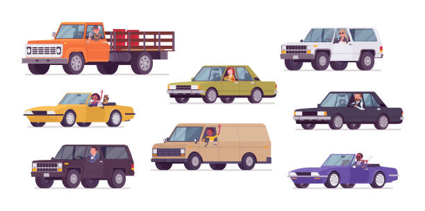 автомобили и водители набор, бизнес-перевозки и городских поездок - car driving men people stock illustrations