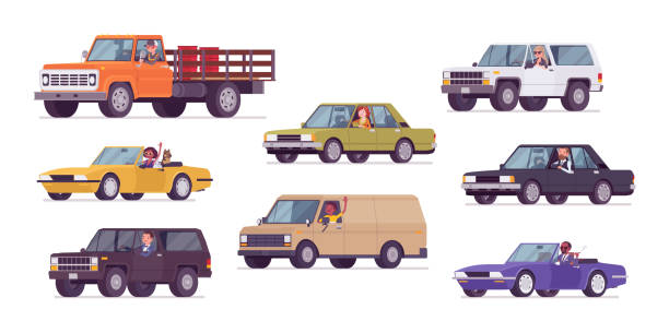 Cars and drivers set, business transportation and urban trip Cars and drivers set, business transportation, urban trip. Male, female persons driving different vehicles, city transport, automobile service, renting or work. Vector flat style cartoon illustration pics of the man waving stock illustrations