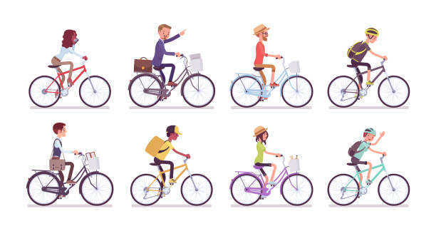 Cyclists and bicycles set Cyclists and bicycles set. Male, female happy persons riding different cycles for sport, fun, work, business or recreation, use sharing system in public places. Vector flat style cartoon illustration bycicle stock illustrations