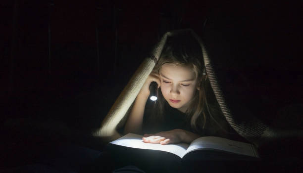 istock Girl with a flashlight reading a book under a blanket at night. 1186670986