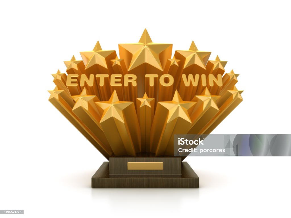 Gold Stars with ENTER TO WIN Phrase on Trophy - 3D Rendering Gold Stars with ENTER TO WIN Phrase on Trophy - White Background - 3D Rendering Giveaway Stock Photo