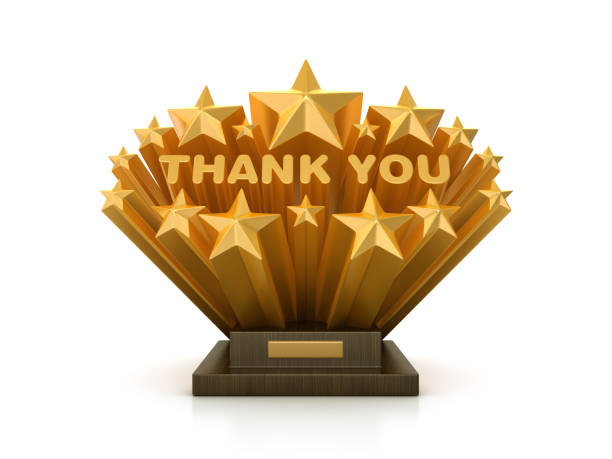 Gold Stars with THANK YOU Word  on Trophy - White Background - 3D Rendering