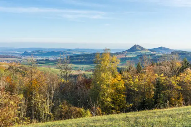 The Hegau is a volcanic landscape in southern Germany near the cities of Engen and Singen (Hohentwiel), 30 km west of Lake Constance. There are multiple extinct volcanos in this area, including the Hohentwiel, Hohenkrähen, Hohenstoffeln, and Hohenhewen.