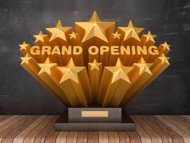 istock Gold Stars with GRAND OPENING Phrase on Trophy - Chalkboard Background - 3D Rendering 1186675531