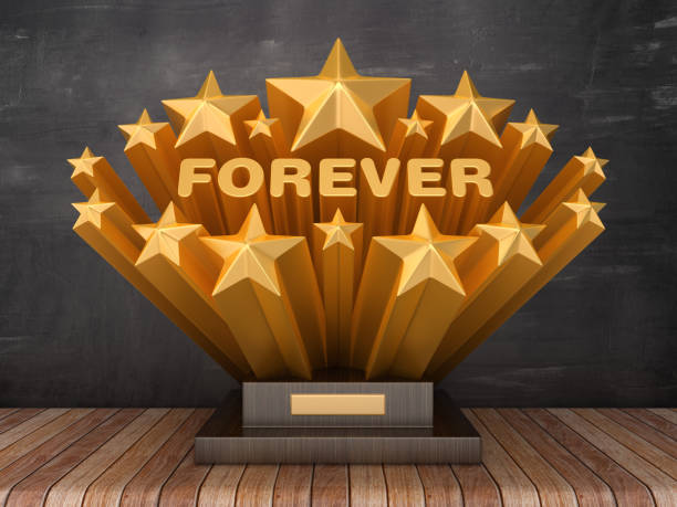 istock Gold Stars with FOREVER Word  on Trophy - Chalkboard Background - 3D Rendering 1186675853