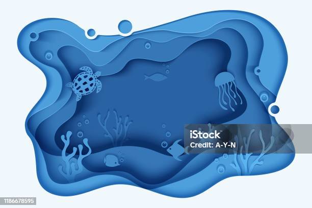 Paper Cut Butterflyfish Jellyfish Moonfish Turtle Paper Craft Underwater Ocean Cave With Fishes Coral Reef Seabed In Algae Waves Diving Concept Deep Blue Marine Life Vector Sea Wildlife Stock Illustration - Download Image Now