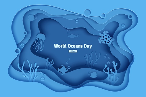 World Oceans Day 8 June. Paper craft underwater sea cave with fishes, coral reef, seabed in algae, waves. Diving concept, deep blue marine life. Vector sea wildlife