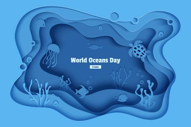 World Oceans Day 8 June. Paper craft underwater sea cave with fishes, coral reef, seabed in algae, waves. Diving concept, deep blue marine life. Vector sea wildlife. World Oceans Day 8 June. Paper craft underwater sea cave with fishes, coral reef, seabed in algae, waves. Diving concept, deep blue marine life. Vector sea wildlife opah stock illustrations