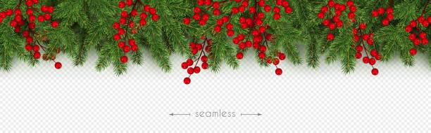 illustrations, cliparts, dessins animés et icônes de noel, nouvel an frontière sans couture branches réalistes de l'arbre de noel et des baies de houx vector - christmas holly decoration vector