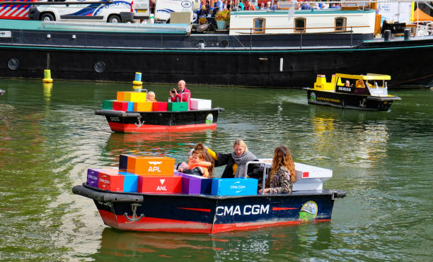 Rotterdam, the Netherlands - September 8, 2019: Sailing electric boats in Kids Marina in Leuvehaven