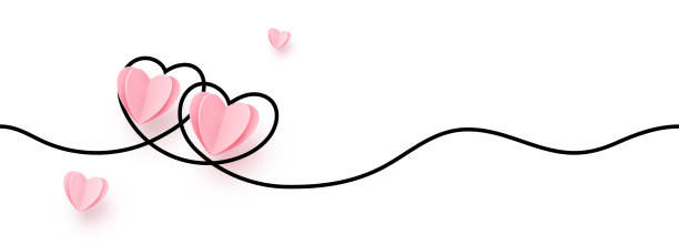 ilustrações, clipart, desenhos animados e ícones de fronteira contínua da forma do coração da linha com coração de papel realístico no fundo branco para valentines, mulheres, projeto gráfico do convite do convite do cumprimento do dia de matriz - valentines day graphic element heart shape paper