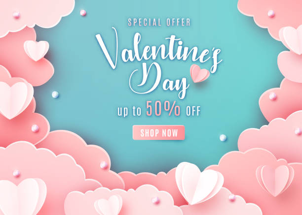 walentynki tło sprzedaży w modnym stylu cięcia papieru. chmury papieru, serca i realistyczne perły ramki obramowania. szablon sprzedaży banner, oferta tekstowa 50 off - valentines day origami romance love stock illustrations