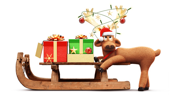 Funny reindeer with sleigh and presents, Santa Claus hat and decoration on the antler isolated on white background 3D rendering