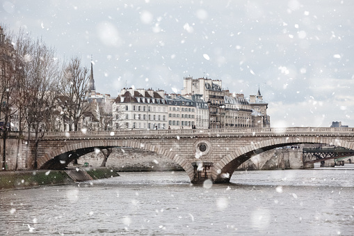 Seine River with Bridges, Paris in gloomy winter day in snowstorm. Pastel trendy toning. Beautiful inspiring moody faded scenery