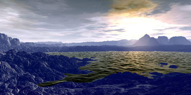 istock Alien Planet. Mountain and lake. 3D rendering 1186686433