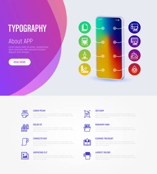 Typography, polygraphy infographics with thin line icons around smartphone and place for text. Printing, scanning, flexography, offset, roll paper, color palette, lamination. Vector illustration. Typography, polygraphy infographics with thin line icons around smartphone and place for text. Printing, scanning, flexography, offset, roll paper, color palette, lamination. Vector illustration. transfer print stock illustrations