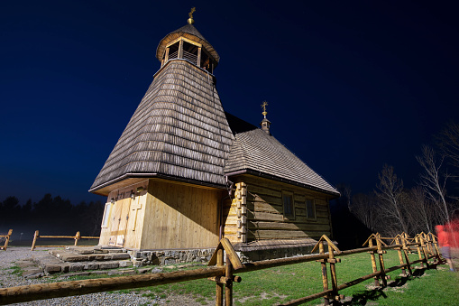 Holidays in Poland - old wooden Vang stave church in Karpacz. Karpacz is a spa town and ski resort in Jelenia Góra County, Lower Silesian Voivodeship in Karkonosze Mountains