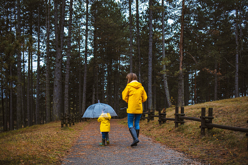 Mother and baby boy walking in autumn park. Parent and child walking in the forest on a autumn day. Toddler boy walking while holding umbrella.