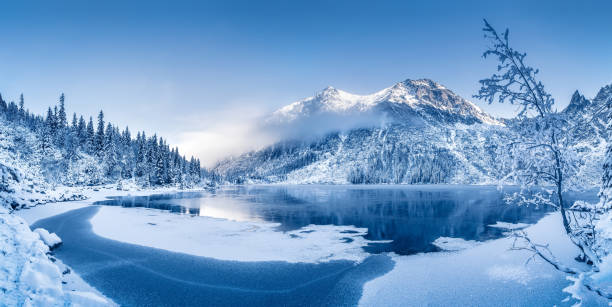 istock Winter panoramic landscape with scenic frozen mountain lake 1186688033