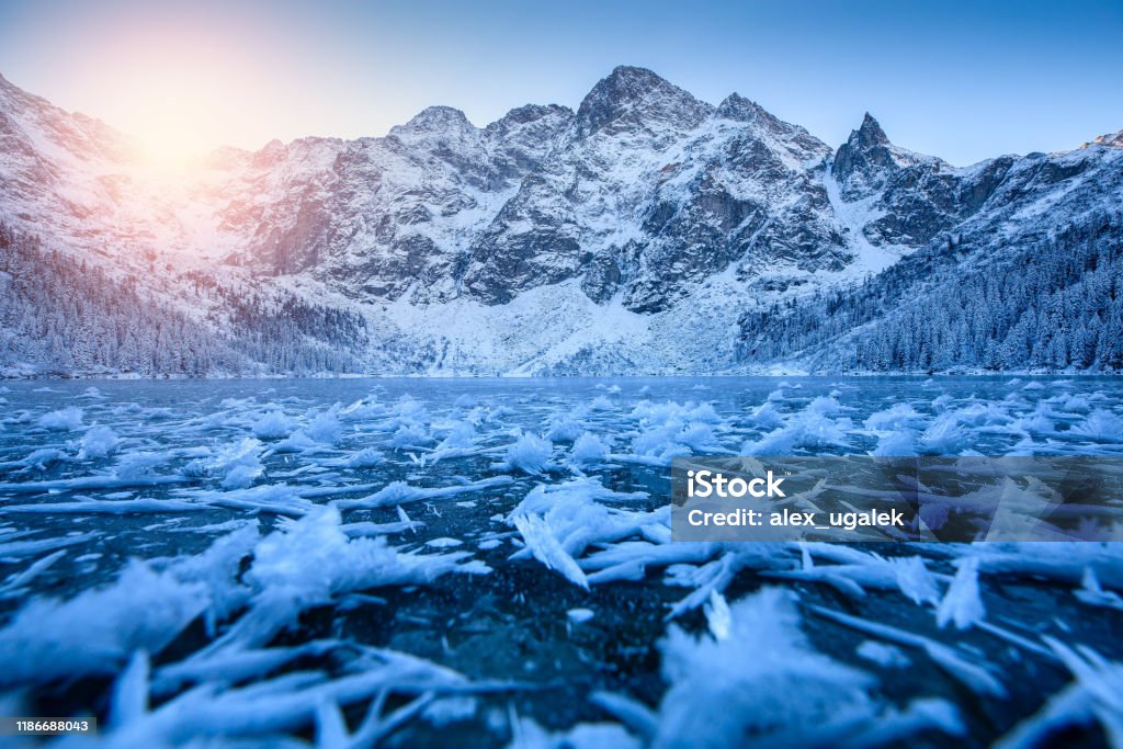 Ice Flakes On Scenic Frozen Mountain Lake Stock Photo - Download Image Now  - Backgrounds, Beauty, Blue - iStock