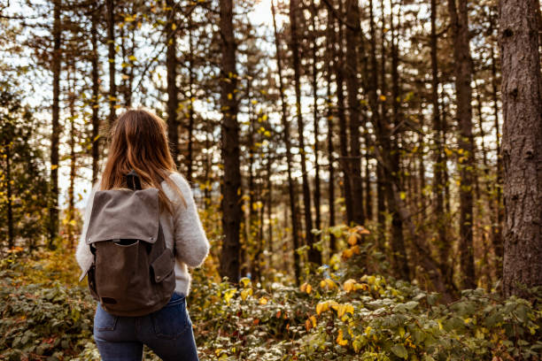 istock Woman With Backpack Hiking In The Forest 1186688171