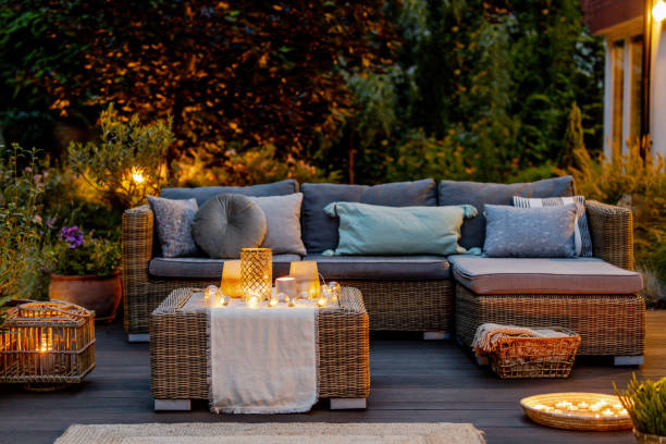 Evening on a terrace Cozy autumn evening on a modern designed terrace yard grounds stock pictures, royalty-free photos & images