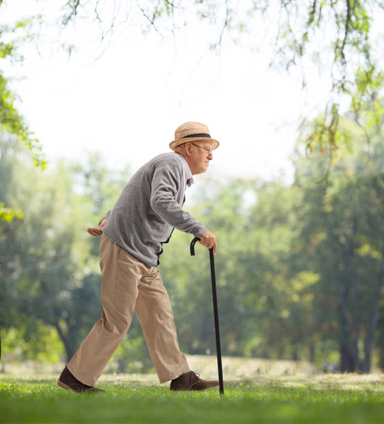 istock Senior man walking with a cane in a park 1186693800
