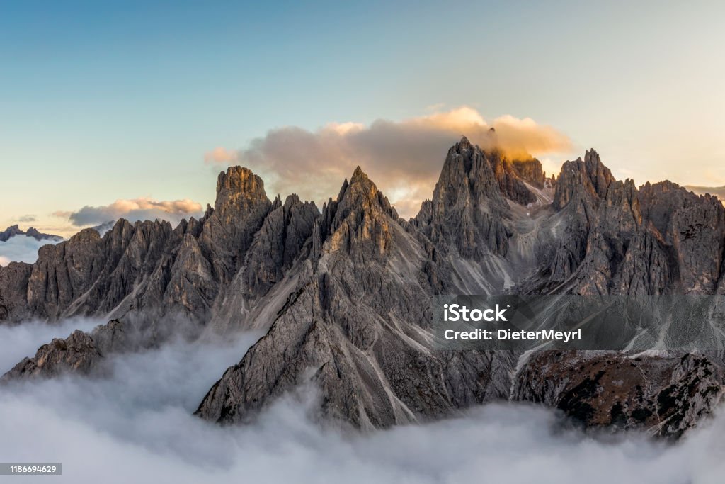 Italian alps - mountains range near the Tre Cime di Lavaredo. View from above Europe, Italy, Tyrol State - Austria, Aerial View Mountain Stock Photo