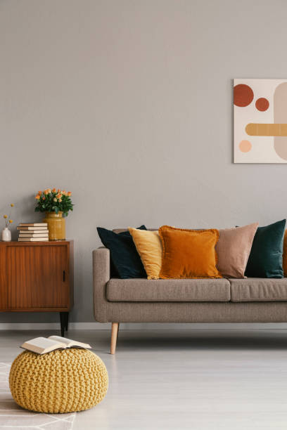 istock Vintage cupboard in grey elegant living room interior, copy space on empty wall 1186695268