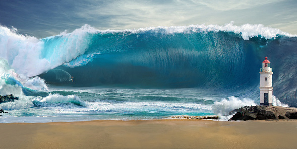 Tsunami on the beach with lighthouse and surfer. Beach for surfing.