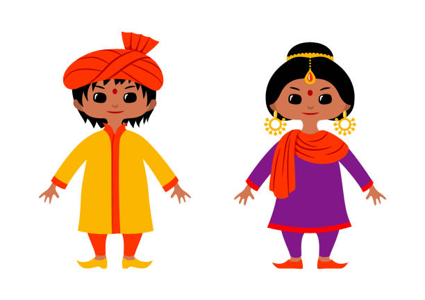 Chibi style characters in traditional Indian and Pakistan costumes Couple of chibi style characters wearing traditional Indian and Pakistan costumes Kurta stock illustrations