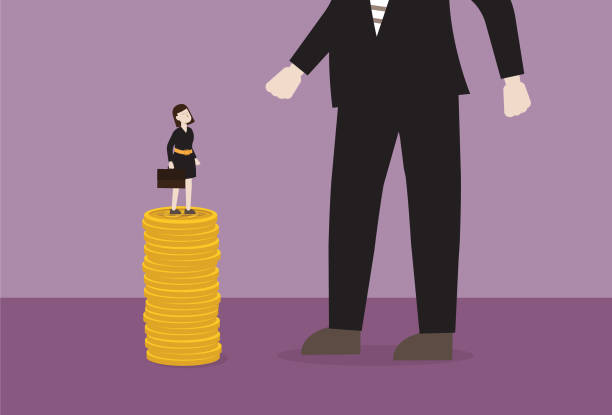 Businesswoman standing on a stack of coin looking a bigger businessman Adult, Aspirations, Banking, Business, Office, Wage gender equality at work stock illustrations