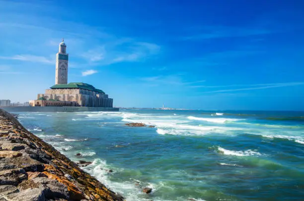 Photo of Hassan II Mosque in Casablanca.   The largest mosque in Morocco.