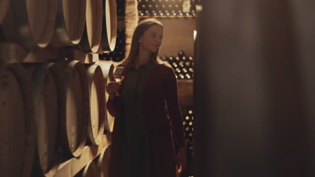 Female tasting wine in winery