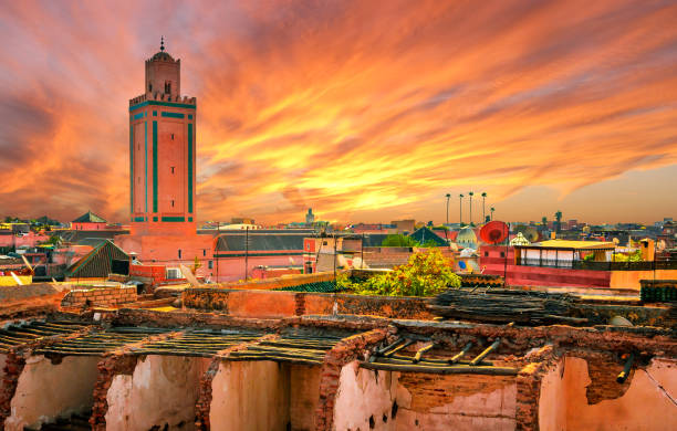 Panoramic sunset view of Marrakech and old medina, Morocco Panoramic sunset view of Marrakech and old medina, Morocco minaret stock pictures, royalty-free photos & images