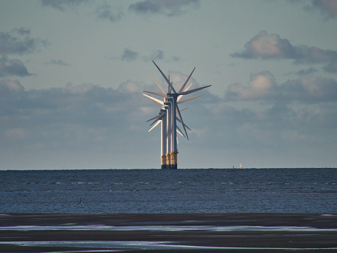 The wind turbines of Burbo Bank in the Mersey Estuary off New Brighton, Wirral / Liverpool - some of the largest in the world.