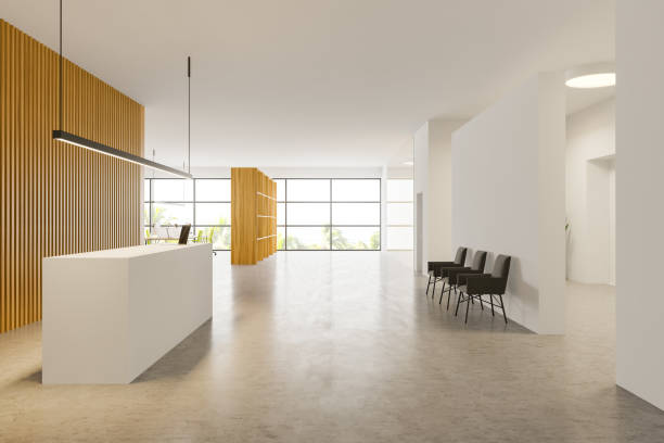 istock White and wood office waiting room with reception 1186702631