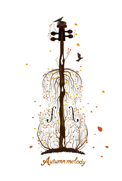 Autumn tree silhouette  looks like violin growing on soil and birds flying away, Autumn melody concept, Autumn music idea, vector vector art illustration