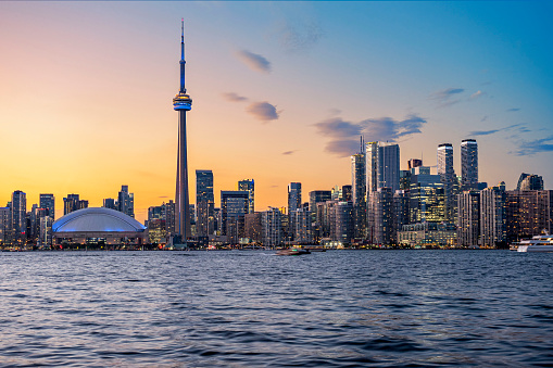 Toronto skyline and Lake Ontario at sunset in Toronto, Ontario, Canada.