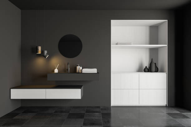 istock Gray bathroom interior with sink and cabinet 1186707008