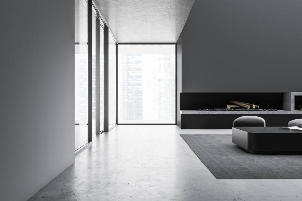 istock Stylish loft gray living room with fireplace 1186707162