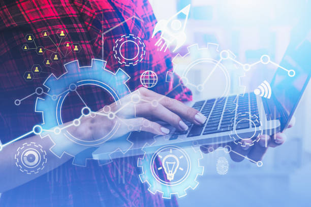istock Woman with laptop, startup interface 1186707267