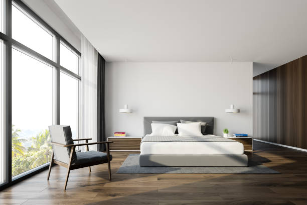 istock Panoramic king size bedroom interior, armchair 1186707303