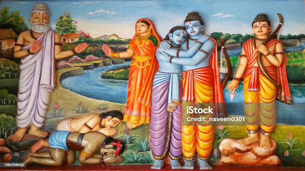 Bharat Milap from Ramayana - Hindu God Ram meeting brother Bharat during exile, Ayodhya, India Ayodhya Stock Photo