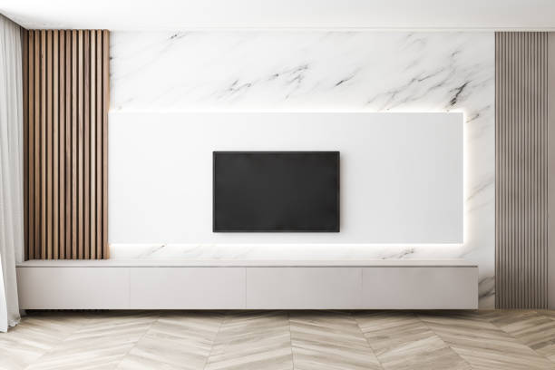 istock Luxury white marble living room with TV 1186708496